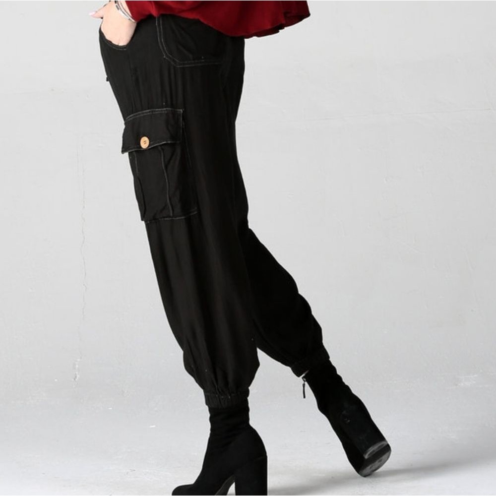 Angie Black Boho Utility Pull On Jogger Style Pants With Side Pockets